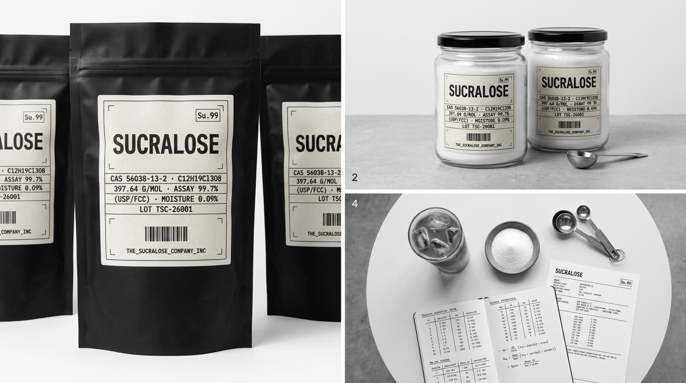 Kitchen flat-lay with sweetener, conversion notes, and baking ingredients